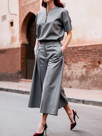 Loose Wide Leg Pockets Solid Color Ninth Pants Trousers