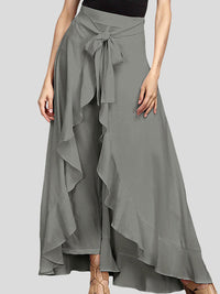 Loose Ruffle Trim Solid Color Split-Joint Tied Waist Zipper Culotte