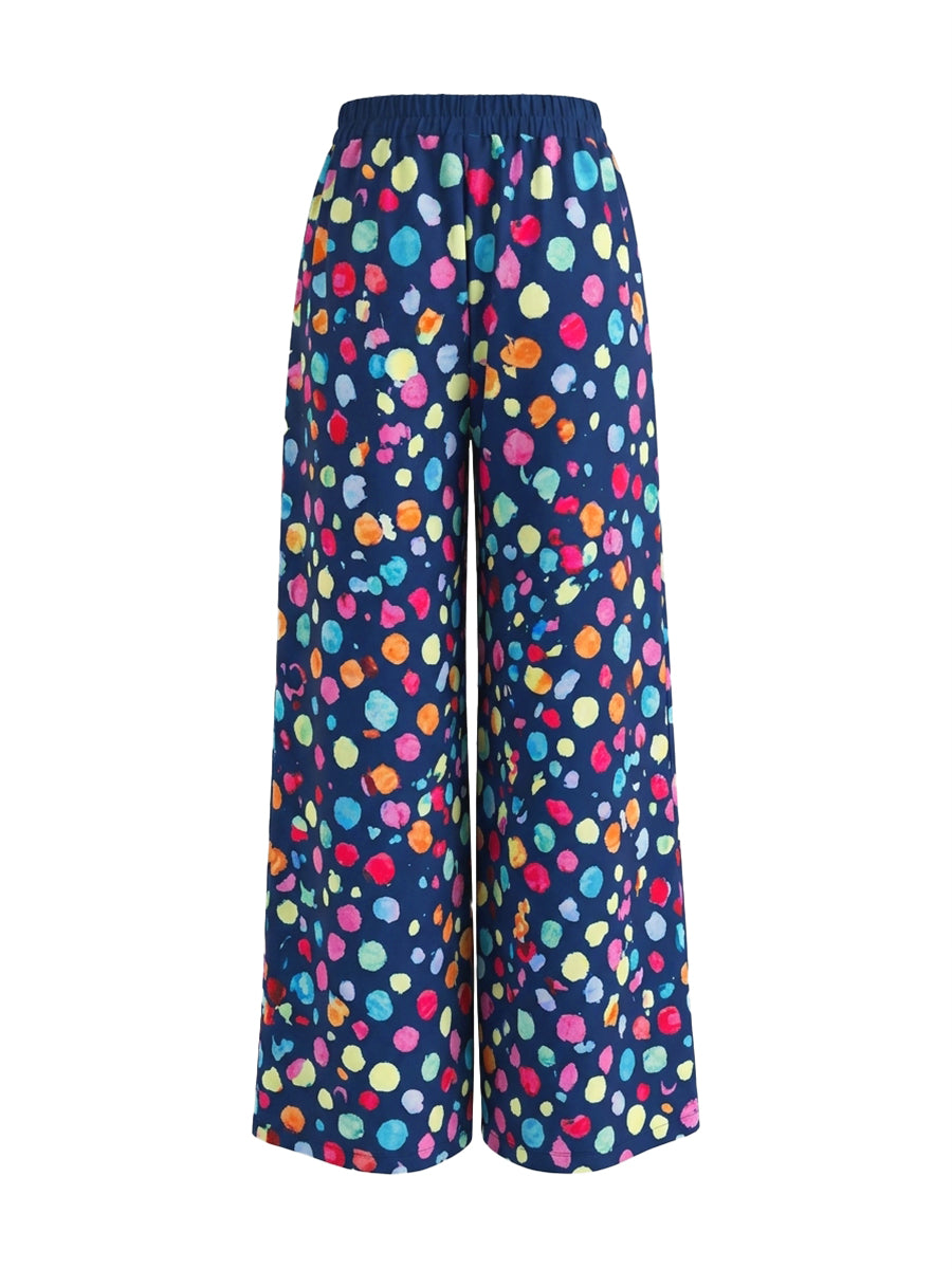 Contrast Color Elasticity Pockets Polka Dot High Waisted Wide Leg Trousers Pants