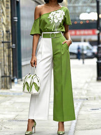 Short Sleeves Contrast Color Flower Print One-Shoulder Blouses&Shirts Tops