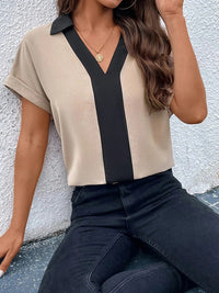 Loose Short Sleeves Contrast Color V-Neck T-Shirts Tops