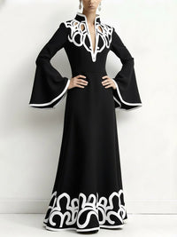 A-Line Flared Sleeves Abstract Printed Contrast Color Hollow Line Split-Joint Stand Collar Maxi Dresses