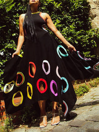A-Line High Waisted Contrast Color Hollow Round-Neck Maxi Dresses
