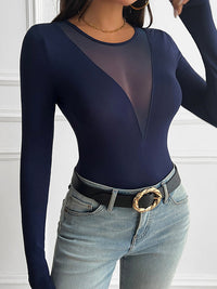 Long Sleeves Skinny See-Through Solid Color Deep V-Neck T-Shirts Tops