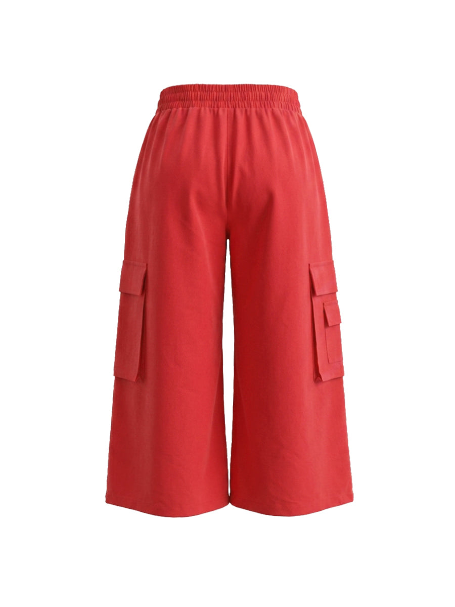 Elasticity Pockets Solid Color High Waisted Loose Trousers Pants