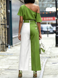 Short Sleeves Contrast Color Flower Print One-Shoulder Blouses&Shirts Tops