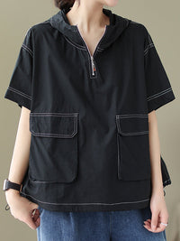 Loose Short Sleeves Zipper Hooded T-Shirts Tops