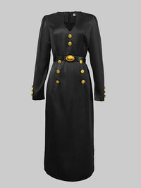 Long Sleeves Puff Sleeves Buttoned Solid Color Deep V-Neck Midi Dresses