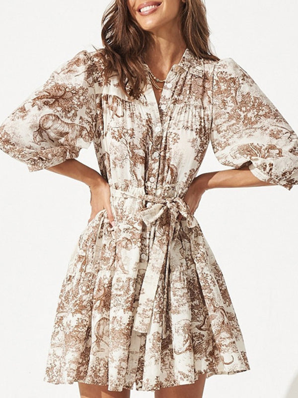 Loose Puff Sleeves Pleated Printed Split-Joint Tied Waist Lapel Mini Dresses Shirt Dress