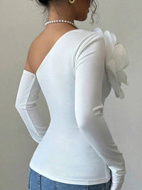 Long Sleeves Skinny Solid Color Three-Dimensional Flower One-Shoulder T-Shirts Tops