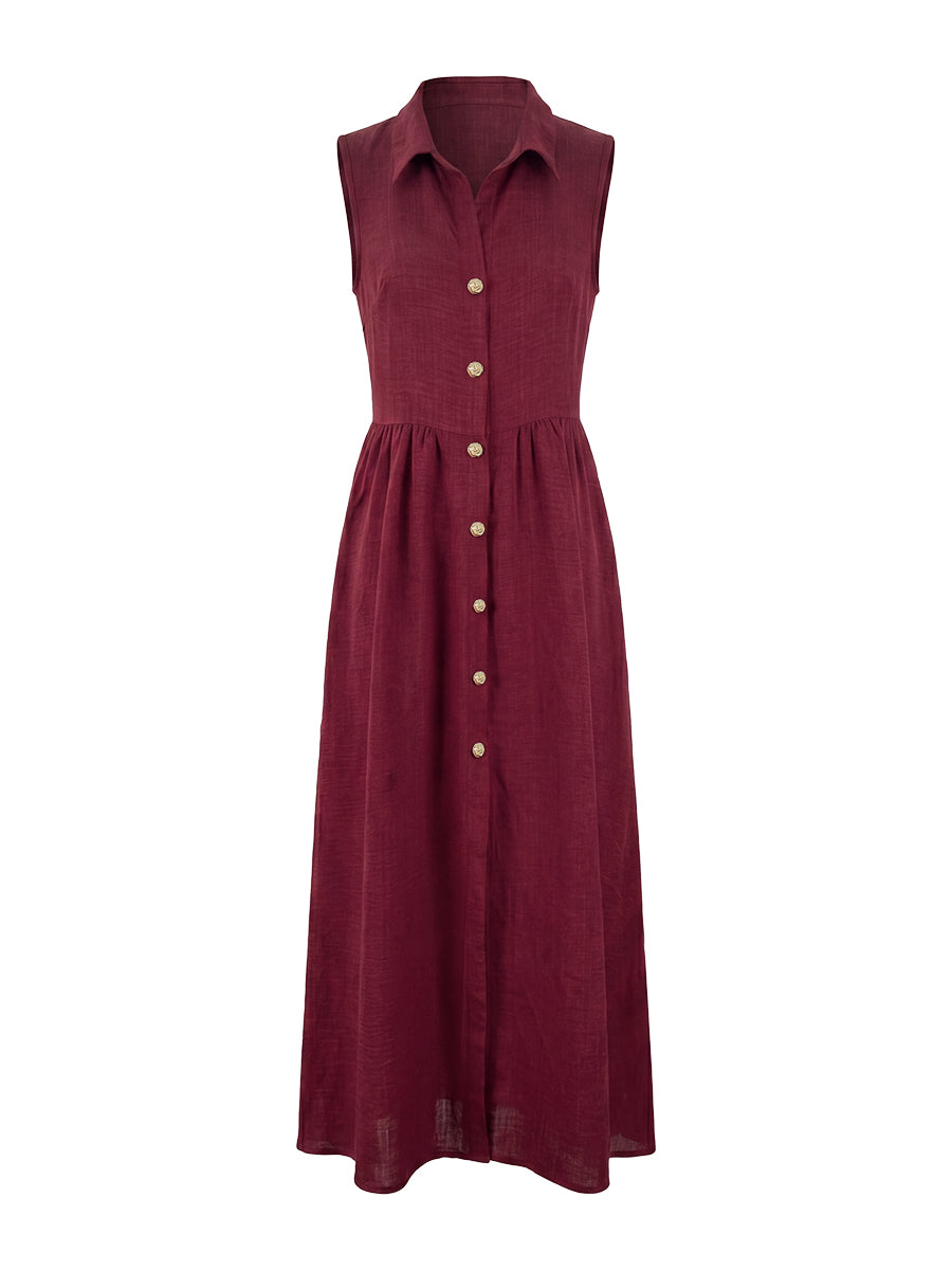 Buttoned Pleated Solid Color High Waisted Loose Lapel Maxi Dresses