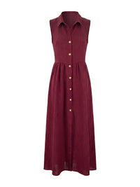 Buttoned Pleated Solid Color High Waisted Loose Lapel Maxi Dresses