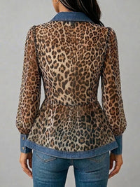 Long Sleeves Puff Sleeves Buttoned Contrast Color Leopard Pleated Split-Joint Lapel Blouses&Shirts Tops