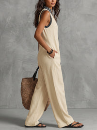Sleeveless Wide Leg Pockets Solid Color Zipper Stand Collar Jumpsuits