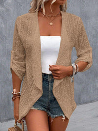 Long Sleeves Loose Buttoned Hollow Jacquard Solid Color Collarless Outerwear