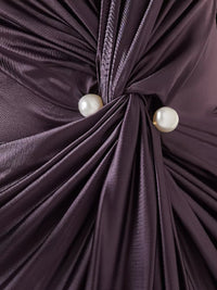 Solid Color Bodycon Long Sleeves Pleated  Split-Front Tied Waist Deep V-Neck Maxi Dresses
