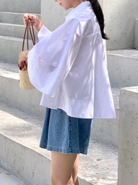 A-Line Flared Sleeves Buttoned Pleated Solid Color Lapel Blouses&Shirts Tops