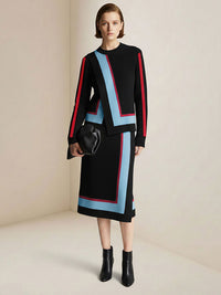 Irregularity Long Sleeves Abstract Printed Asymmetric Contrast Color Ribs Split-Joint Round-Neck Sweater Tops