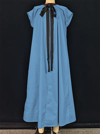 A-Line Loose Pleated Tied Round-Neck Midi Dresses