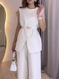 Loose Sleeveless Split-Front Split-Joint Round-Neck Vest Top