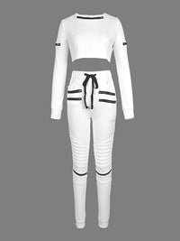 Long Sleeves Contrast Color Drawstring Zipper Tees&Pants Two Pieces Set
