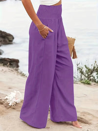 Pleated Pockets Solid Color Split-Joint Elasticated Waist High Waisted Pants