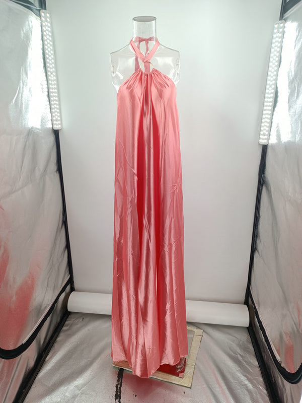 A-Line Loose Backless Solid Color Tied Halter-Neck Maxi Dresses
