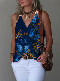 Sleeveless Butterfly Print Split-Joint V-Neck Vest Top