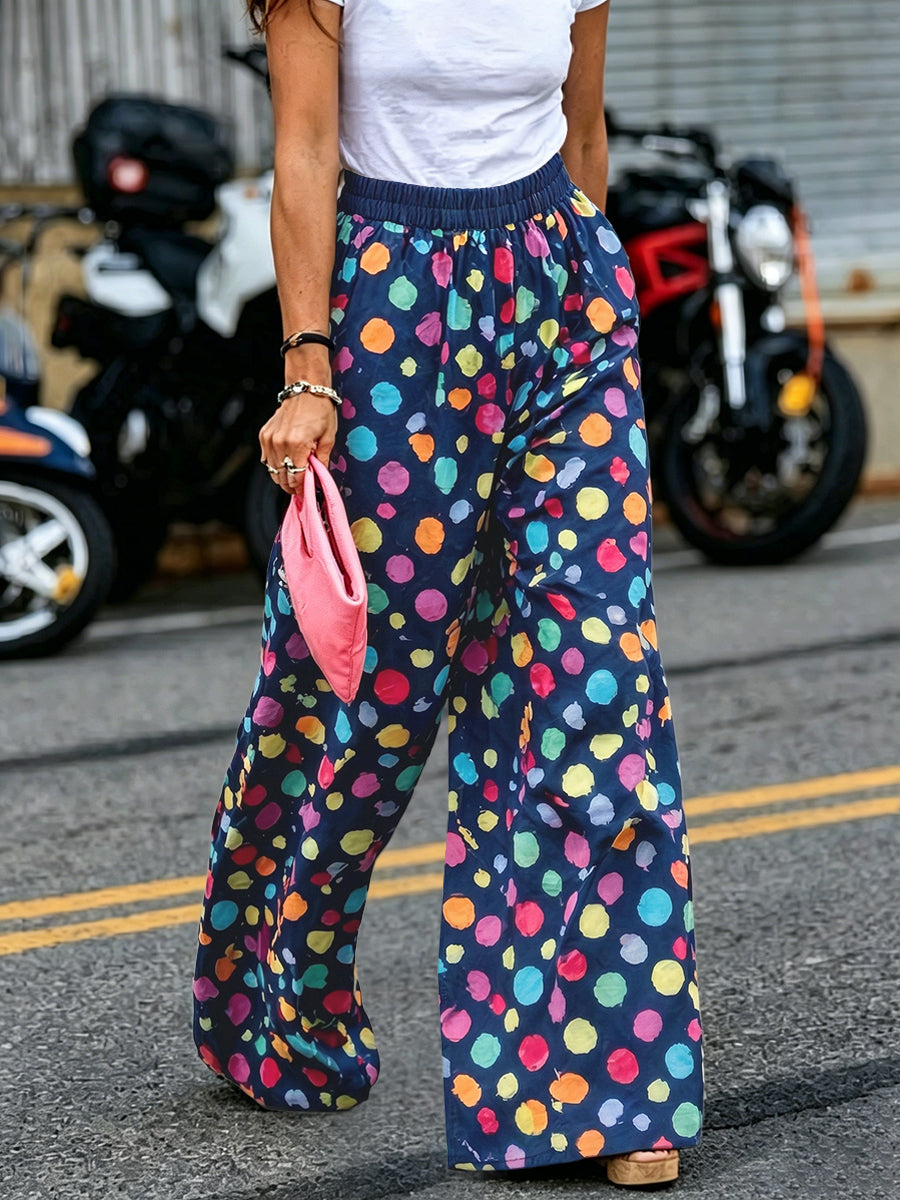 Contrast Color Elasticity Pockets Polka Dot High Waisted Wide Leg Trousers Pants