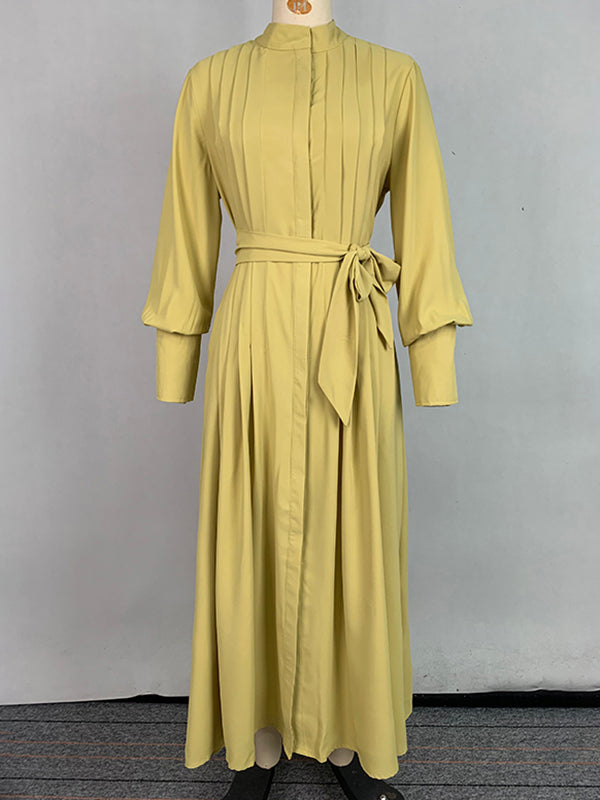 A-Line Long Sleeves Buttoned Pleated Pockets Solid Color Tied Waist V-Neck Maxi Dresses