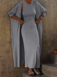 Long Sleeves Solid Color Round-Neck Inner Dress + Bodycon Outerwear Two Pieces Set