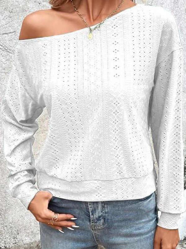 Long Sleeves Loose Asymmetric Solid Color Split-Joint One-Shoulder T-Shirts Tops
