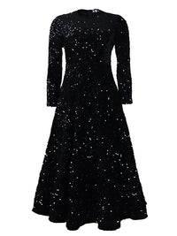 A-Line High Waisted Sequined Split-Joint Zipper Round-Neck Maxi Dresses