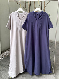 Loose Short Sleeves Solid Color V-Neck Maxi Dresses