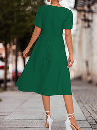 A-Line High Waisted Elasticity Knot Pleated Solid Color Split-Joint V-Neck Midi Dresses