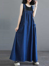 A-Line Loose Pleated Pockets Split-Joint Spaghetti-Neck Maxi Dresses Suspender Dress