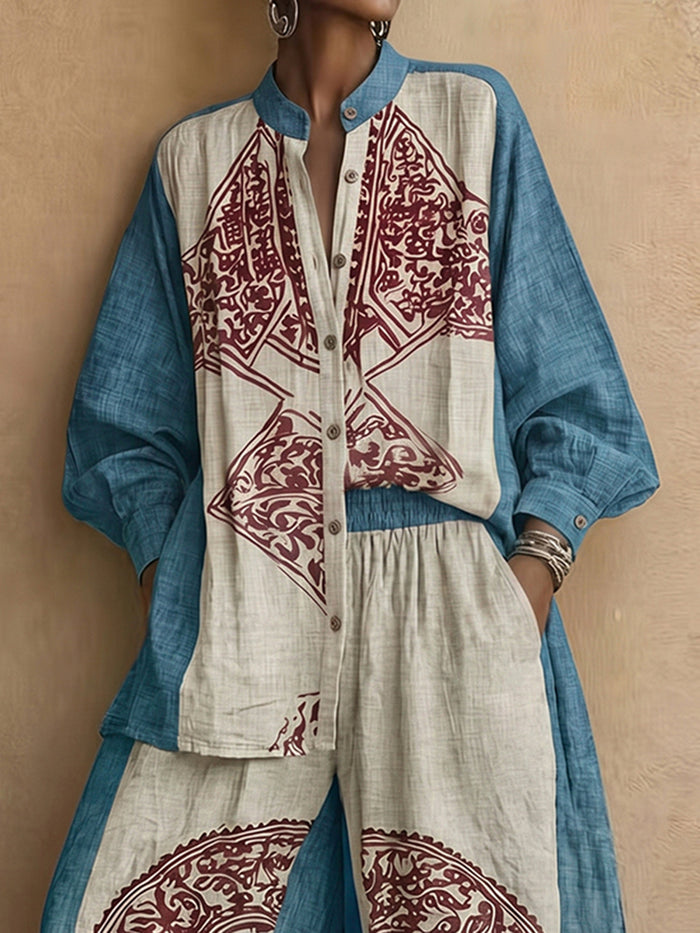 Long Sleeves Loose Buttoned Contrast Color Ethnic Printed Split-Joint Round-Neck Blouses&Shirts Tops