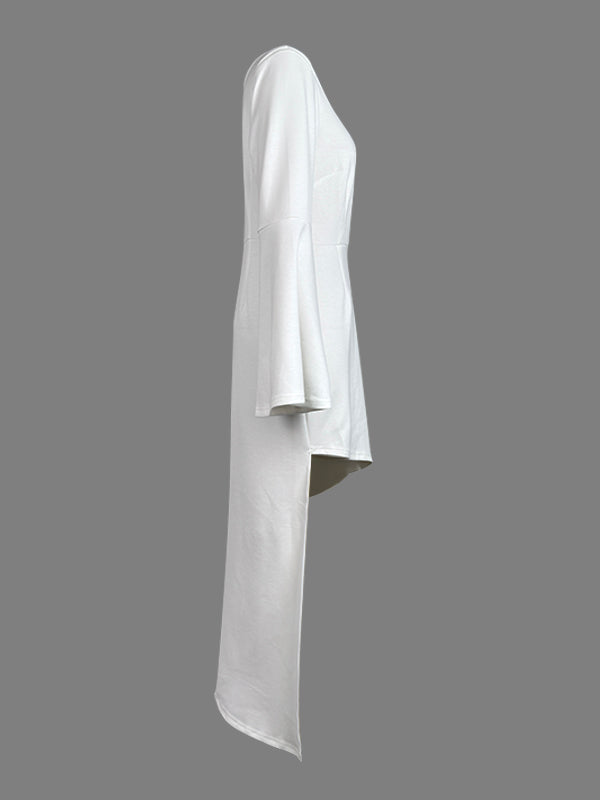 High-Low Long Sleeves Asymmetric Solid Color One-Shoulder Maxi Dresses
