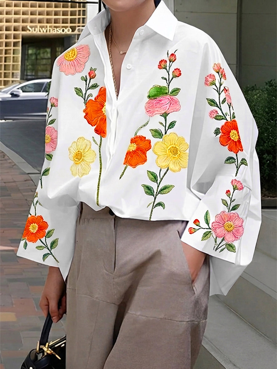 Long Sleeves Loose Buttoned Contrast Color Flower Print Lapel Blouses&Shirts Tops