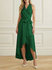 High-Low Loose Ruffle Trim Solid Color Tied Waist V-Neck Maxi Dresses