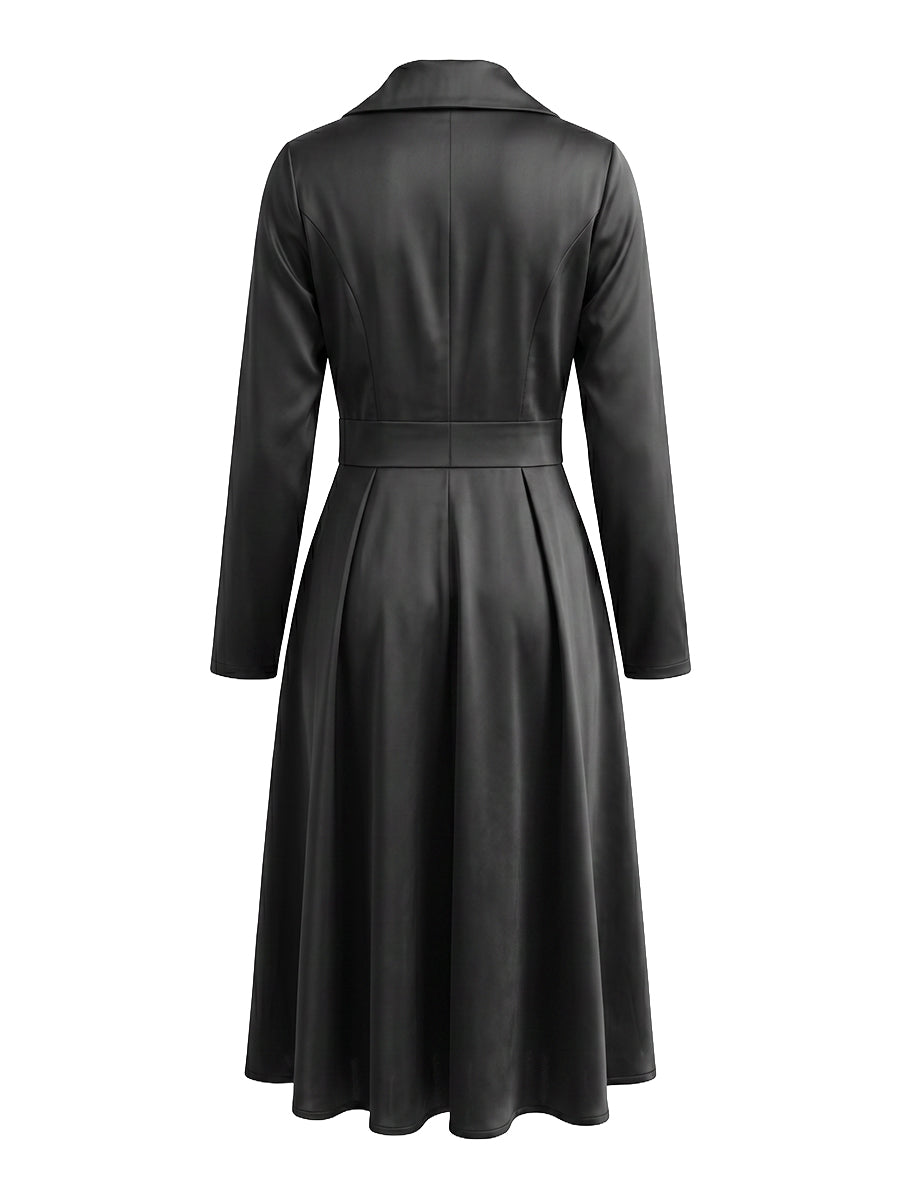 A-Line Three-Quarter Sleeves Pleated Pockets Solid Color V-Neck Midi Dresses