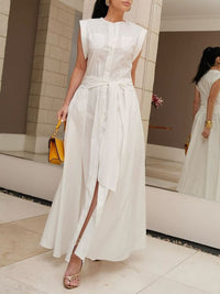 Cap Sleeve Loose Buttoned Solid Color Split-Side Tied Waist Maxi Dresses Shirt Dress