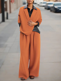 Long Sleeves Loose Contrast Color Split-Joint Lapel Sweatshirt Tops