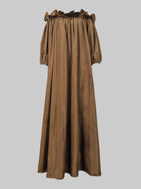 Falbala Pleated Solid Color Loose Puff Sleeves Off-The-Shoulder Maxi Dresses