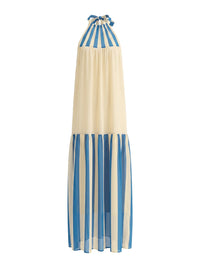 Contrast Color Pleated Striped A-Line Loose Halter-Neck Maxi Dresses