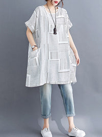Loose Short Sleeves Striped Round-Neck T-Shirts