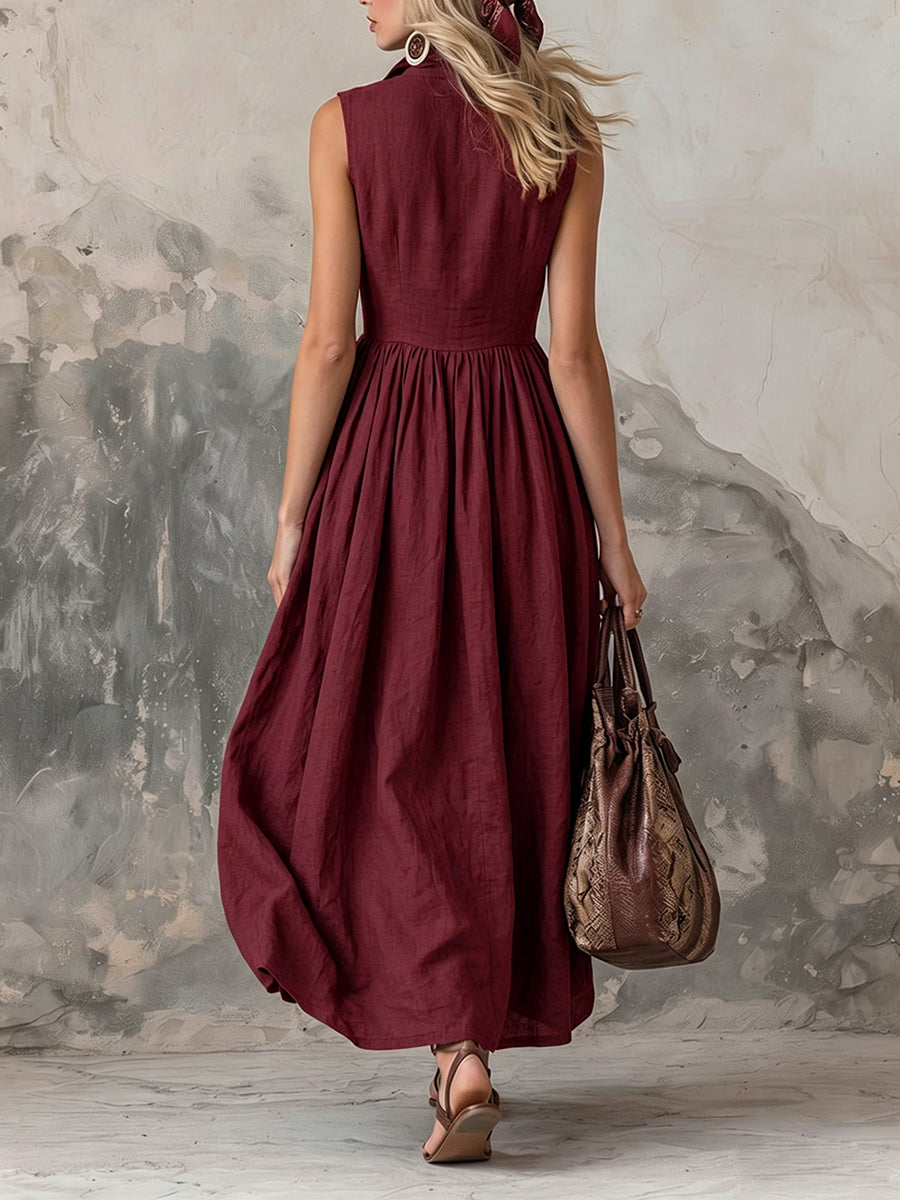 Buttoned Pleated Solid Color High Waisted Loose Lapel Maxi Dresses