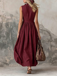 Buttoned Pleated Solid Color High Waisted Loose Lapel Maxi Dresses
