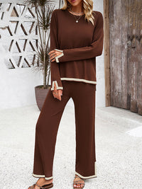 Long Sleeves Contrast Color Split-Joint Split-Side Round-Neck High-Low Sweater Tops +  Pants Bottom Two Pieces Set