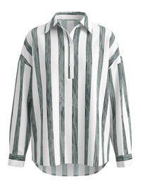 Long Sleeves Loose Buttoned Contrast Color Striped Lapel Blouses&Shirts Tops